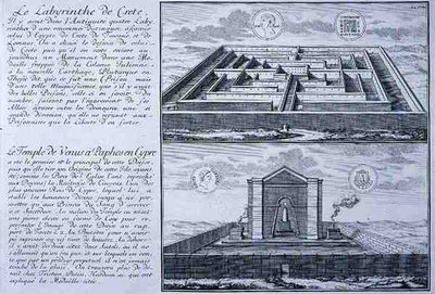 Labyrintti Kreetalla ja Venuksen temppeli Paphosella Kyproksella, kumpikin on otettu Entwurf einer historischen Architekturin muinaisen roomalaisen kolikon kuvista. tekijältä Johann Bernhard (after) Fischer von Erlach