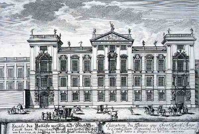 Kreivi Johannes Venceslauksen palatsi, Praha, Entwurf einer historischen Architekturista, kaiverrus Johann Adam Delsenbach (1687-1765) 1721 (kaiverrus) tekijältä Johann Bernhard (after) Fischer von Erlach