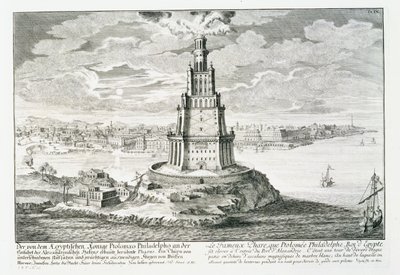 Aleksandrian Pharos, levy 9 teoksesta "Design of an Historical Architecture", kaiverrus Johann Adam Delsenbach (1687-1765) 1721 (kaiverrus) tekijältä Johann Bernhard (after) Fischer von Erlach