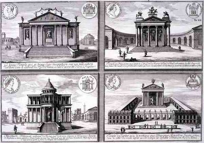 Näkymä neljästä temppelistä, jotka on otettu roomalaisista kolikoista, Entwurf einer historischen Architekturista, kaivertanut Johann Adam Delsenbach (1687-1765) tekijältä Johann Bernhard (after) Fischer von Erlach