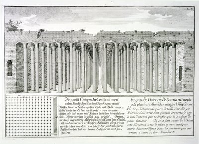 Vesisäiliö hippodromin alla, Konstantinopoli, Turkki, teoksesta "Historiallisen arkkitehtuurin suunnittelu", 1721 tekijältä Johann Bernhard Fischer von Erlach