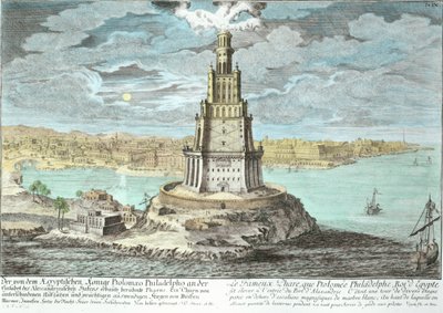 Majakka Aleksandriassa, jonka rakensi Ptolemaios Suuri (36-30 eKr.), Egypti, Entwurf einer historischen Architekturista, kaiverrus Johann Adam Delsenbach (1687-1765) 1721 (myöhempi väri tekijältä Johann Bernhard Fischer von Erlach