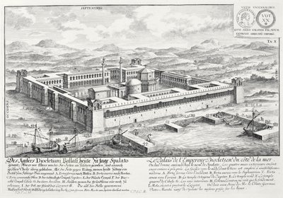 Diocletianuksen palatsi (245-313), Split, Jugoslavia, teoksesta "Historiallisen arkkitehtuurin suunnittelu", 1721 tekijältä Johann Bernhard Fischer von Erlach