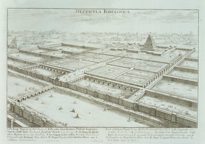 Panoraamanäkymä Babylonin kuninkaalliseen palatsiin ja riippuviin puutarhoihin, Entwurf einer historischen Architektur, 1721 tekijältä Johann Bernhard Fischer von Erlach