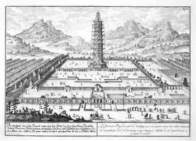 Nankingin posliinitorni, levy 12 teoksesta "Historiallisen arkkitehtuurin suunnittelu", kaiverrus Johann Adam Delsenbach (1687-1765) 1721 tekijältä Johann Bernhard Fischer von Erlach