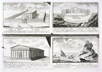 Näkymät neljälle klassiselle rakennukselle: Olympolaisen Zeuksen temppeli, Dionysoksen teatteri Ateenassa, Ateenan temppeli Ateenassa ja temppeli Korintissa, Entwurf einer historischen Architekturilta, tekijältä Johann Bernhard Fischer von Erlach
