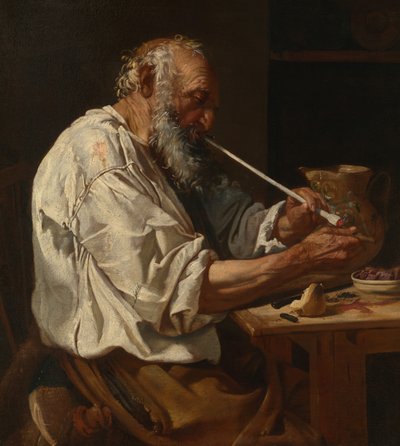 Vanha talonpoika sytytti piipun, n. 1660. tekijältä Johann Carl Loth