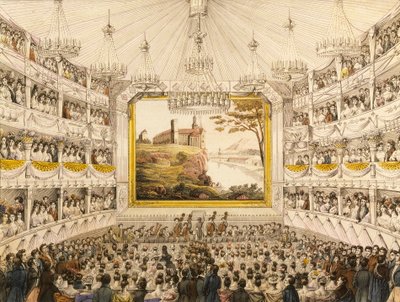 Itävalta, Wien, Theater an der Wienin (Wienin teatteri) sisustus, J.C. Schoellerin vesivärivedos tekijältä Johann Christian (after) Schoeller