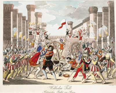 Historiallinen Henryn baletti, kohtaus Gioachino Rossinin "William Tell" -teoksesta, kaiverrus Geiger (värinen kaiverrus) tekijältä Johann Christian (after) Schoeller