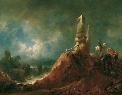 Maisema raunioilla ja ratsastajilla Moonlightissa tekijältä Johann Christian Brand
