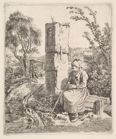 Vanha rouva istumassa lähellä pylvästä tien reunassa, 1819. tekijältä Johann Christian Erhard