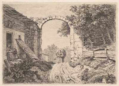 Tyttö heinäkuorman kanssa, Thorbogenin ulkopuolella, 1817. tekijältä Johann Christian Erhard