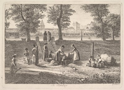 Ulkoilmakuva naisista kotielämässä Nürnbergissä, 1800-luku. tekijältä Johann Christian Erhard