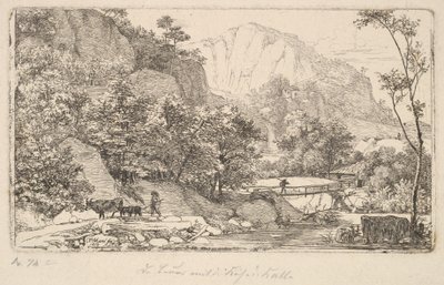 Talonpoika lehmän ja vasikan kanssa Unterbergissä lähellä Berchtesgadenia, 1818. tekijältä Johann Christian Erhard