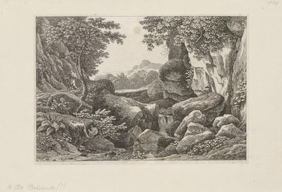 Kallioinen maisema, vasemmalla kävelevä paimen tekijältä Johann Christian Reinhart