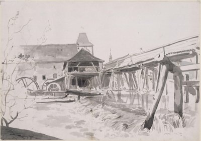 Puusilta, pato ja vesimylly tekijältä Johann Christian Reinhart