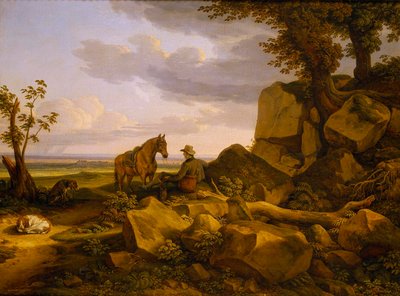 Italialainen maisema ja lepäävä metsästäjä, omakuva tekijältä Johann Christian Reinhart