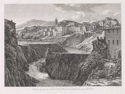 Tivolissa, Anienen kasvun aiheuttamat rauniot (Aniene-joen tulvan tuhoama Tivoli) tekijältä Johann Christian Reinhart