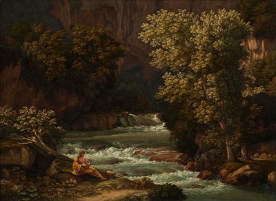 Näkymä Ponte Lupolle Tivolin lähellä, etualalla lyyraa soittava henkilö tekijältä Johann Christian Reinhart
