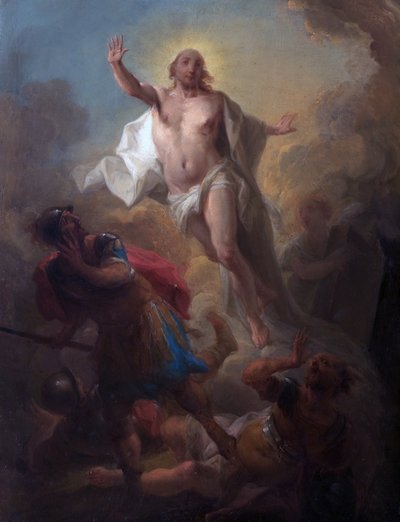 Kristus nousee haudasta ja roomalaiset sotilaat pakenevat (öljyä aluksella) tekijältä Johann Christian Thomas (attr.to) Winck