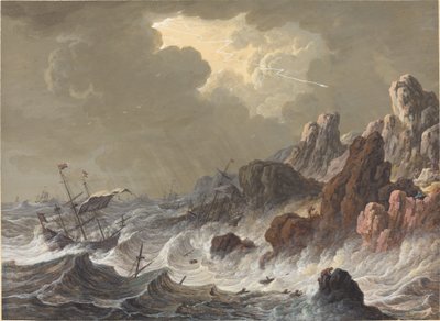 Myrskyn heittelemät alukset haaksirikkoutuivat kalliorannikolla. tekijältä Johann Christoph Dietzsch