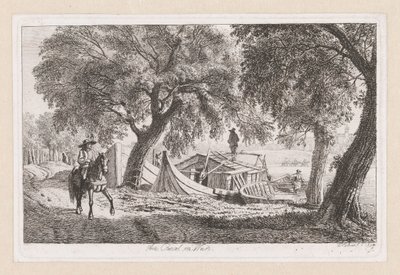 Ankkuroituja veneitä kanavan varrelle Wienissä Am Canal Wienissä (otsikko esineessä) tekijältä Johann Christoph Erhard