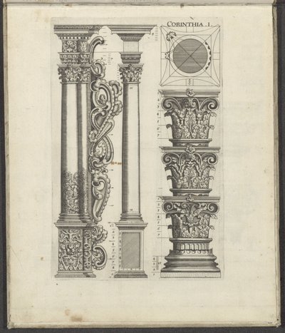 Korintin järjestyksen sarakkeet ja pääkaupungit Corinthia .I. (otsikko esineessä) Five Orders of Architecture (sarjan nimi) tekijältä Johann Christoph Feinlein