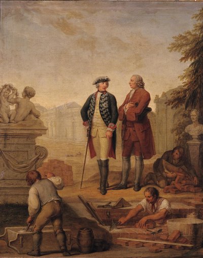 Preussin kuningas Fredrik II (1712-86) ja Argensin markiisi (1704-1771) tarkastamassa Sanssoucin rakentamista Potsdamissa. tekijältä Johann Christoph Frisch