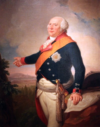 Preussin kuningas Fredrik Vilhelm II:n (1744-1797) muotokuva, jossa on Preussin Mustan kotkan ritarikunnan tähti, vasen käsi lepää Frankfurtin kartan päällä, maisema, jossa Preussin armeija on leiriytynyt Frankfurtin edustalle tekijältä Johann Christoph Frisch