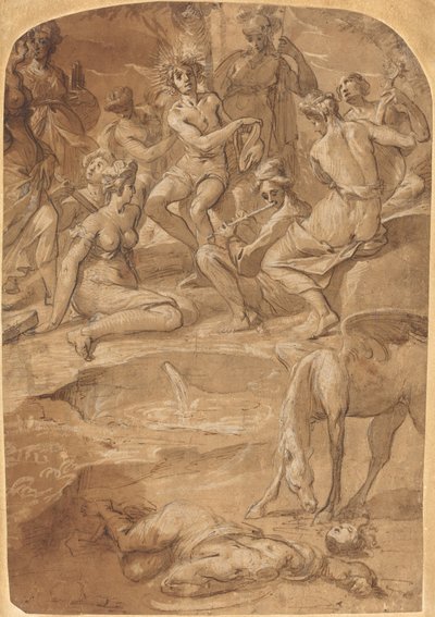 Apollo ja muusat Parnassus-vuorella tekijältä Johann Christoph Storer