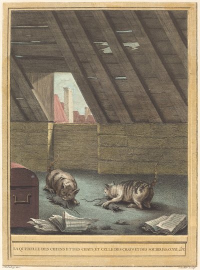 Kissojen ja koirien riita sekä kissojen ja hiirten riita tekijältä Johann Christoph Teucher after Jean Baptiste Oudry