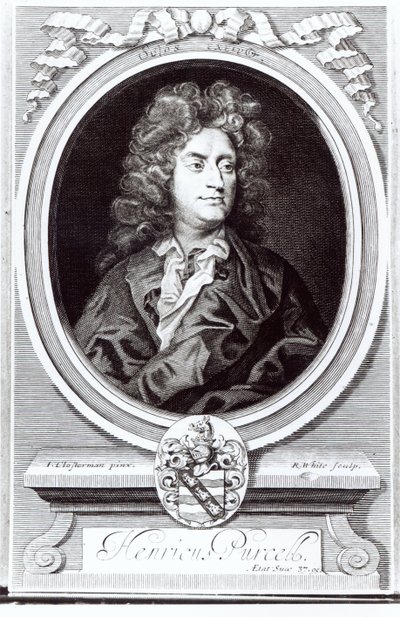 Muotokuva Henry Purcellista (1659-95), englantilainen säveltäjä, kaiverrettu R. Whiten toimesta, 1695. tekijältä Johann Closterman