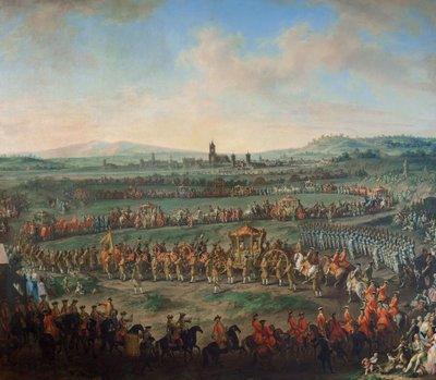 Keisari Franz I. Stephanin ja hänen poikansa Joosef (II) saapuminen Frankfurtiin 29. maaliskuuta 1764. tekijältä Johann Dallinger von Dalling