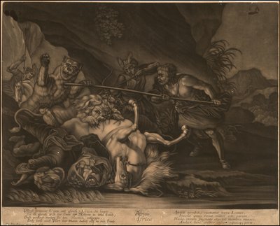 Ca. 1770 allegorinen Afrikkaa esittävä mezzotintta. tekijältä Johann Elias Ridinger