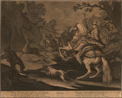 Ca. 1770 allegorinen sekatintta Euroopasta. tekijältä Johann Elias Ridinger
