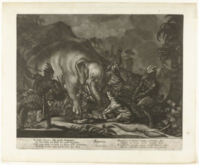 Elefantin metsästys Amerikka (otsikko esineessä) tekijältä Johann Elias Ridinger