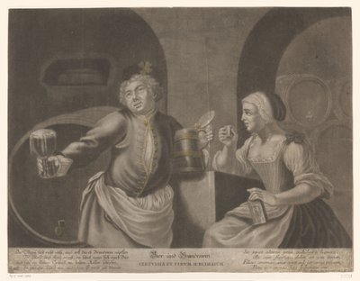 Mies ja nainen juovat olutta ja konjakkia Olut ja Brandewein / Cerevisia et vinum sublimatum tekijältä Johann Elias Ridinger