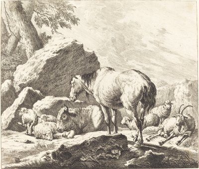 Hevonen, puhveli, lammas ja vuohi italialaisessa maisemassa tekijältä Johann Elias Ridinger after Johann Heinrich Roos