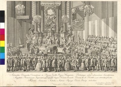 Keisari Leopold II:n kruunajaiset Unkarin kuninkaaksi Bratislavassa 15. marraskuuta 1790 (kuparikaiverrus). tekijältä Johann Ernst Mansfeld