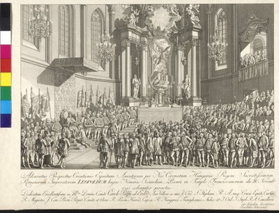 Keisari Leopold II:n kruunajaiset Unkarin kuninkaaksi Bratislavassa 15. marraskuuta 1790 (kuparikaiverrus). tekijältä Johann Ernst Mansfeld