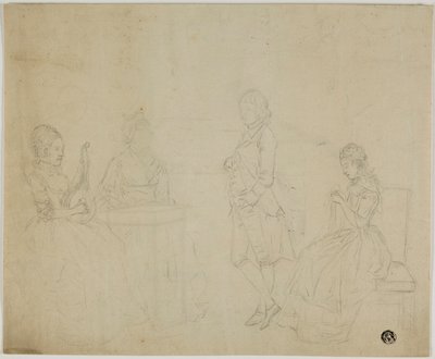 Piirros perheryhmästä, jossa on kolme istuvaa naista ja nuori mies seisomassa tekijältä Johann Friedrich August Tischbein