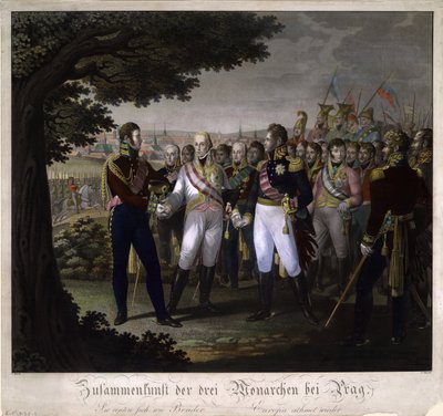Itävallan keisarien Francis I:n, Venäjän Aleksanteri I:n ja Fredrik Vilhelm III:n tapaaminen tekijältä Johann Friedrich Jügel