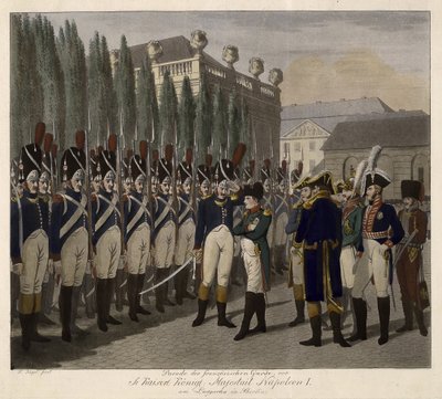 Ranskalaisten vartijoiden paraati Lustgartenissa Berliinissä 1806 - Juegel, Johann Friedrich (1772-1833) - 1806 - Akvatinta - 31,6x39 - Yksityiskokoelma tekijältä Johann Friedrich Jügel