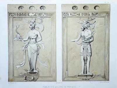 Taiteilijan kaivertama levy 39 julkaisusta "Ancient Monuments of Mexico". tekijältä Johann Friedrich Maximilian von Waldeck
