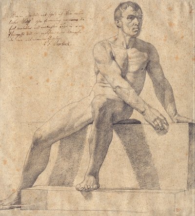 Miespuolinen alaston istuu jalustalla tekijältä Johann Friedrich Overbeck