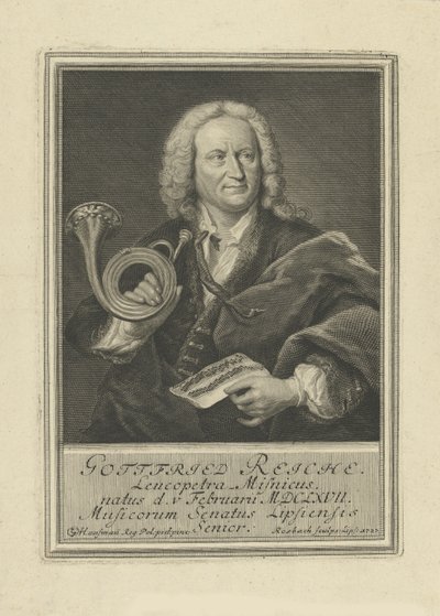 Muotokuva trumpetisti ja säveltäjä Gottfried Reiche 1667-1734, 1727. tekijältä Johann Friedrich Rosbach