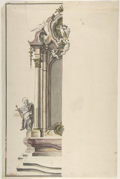 Suunnittelu aedikulaariselle alttarille, jossa Pyhä Paavali vasemmalla, 1700-luvun puoliväli. tekijältä Johann Georg Dirr