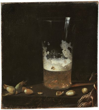 Asetelma olutlasin ja pähkinöiden kanssa tekijältä Johann Georg Hainz
