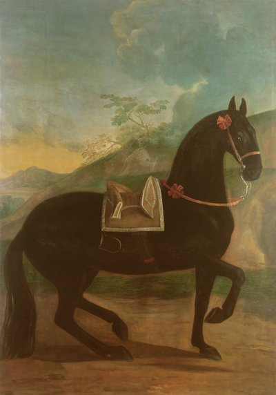 Musta hevonen espanjalaisessa satulassa tekijältä Johann Georg Hamilton