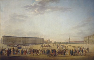 Vartijan vaihto Pietarin Palatsiaukiolla n. 1800 tekijältä Johann Georg Mayr